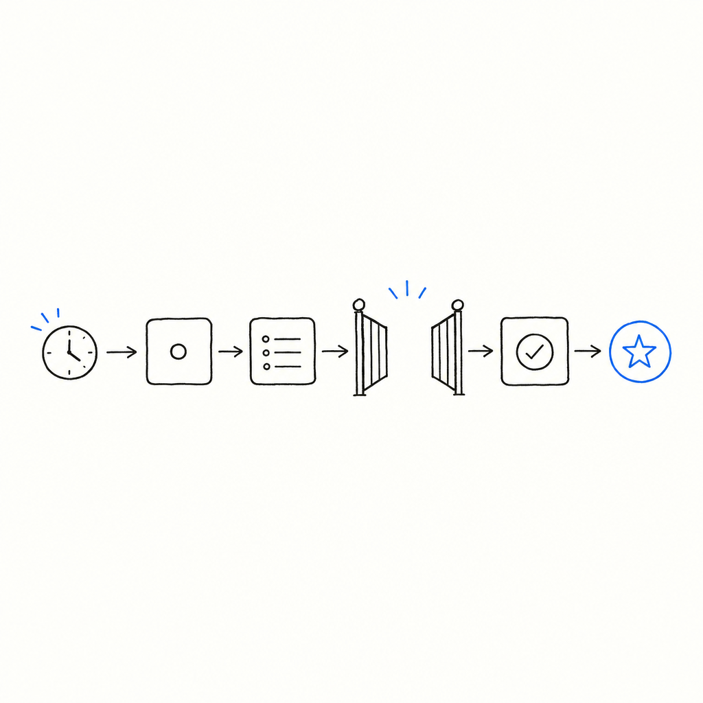 Diagramma di flusso con icone collegate da frecce: orologio, quadrato, elenco, colonne, segno di spunta e stella.