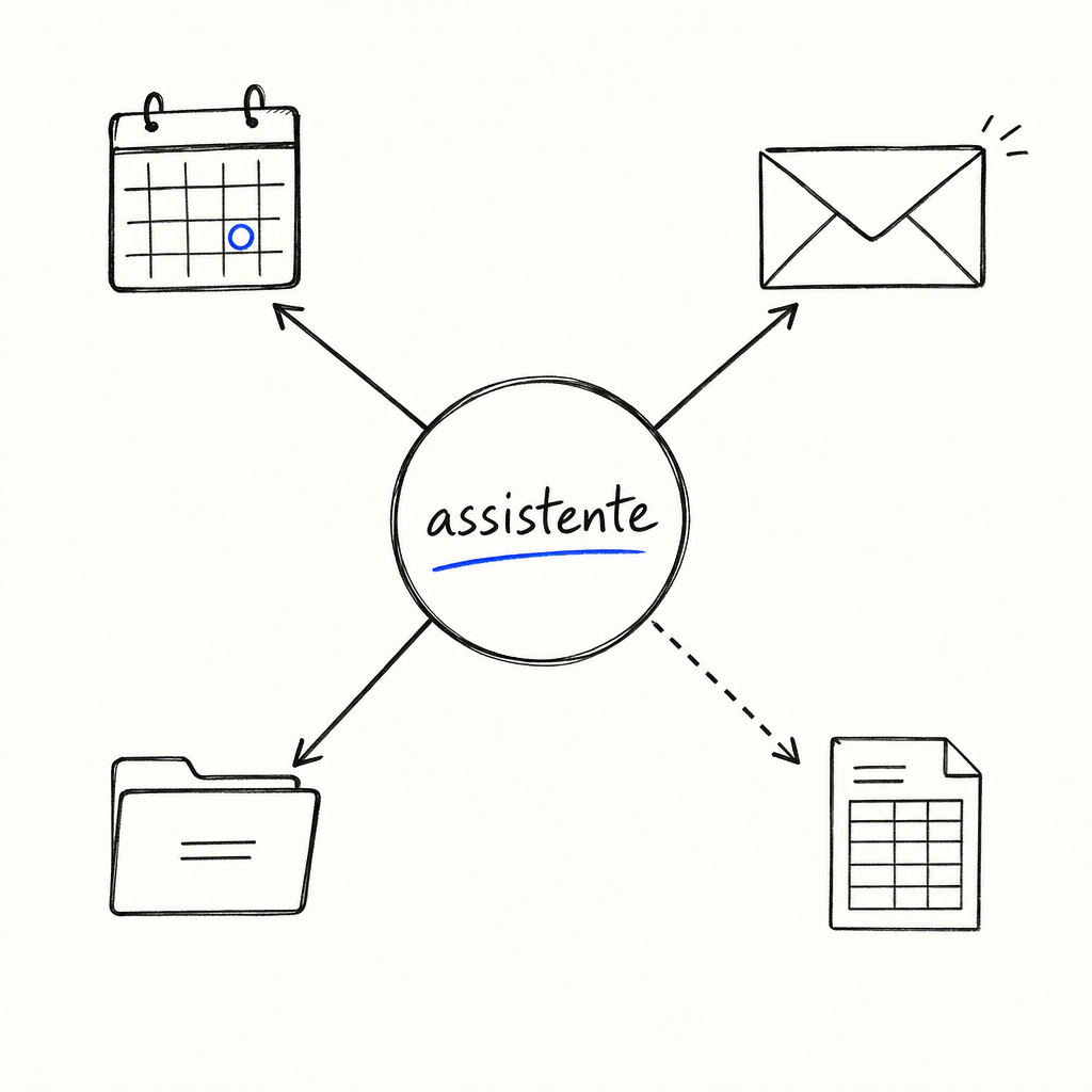 Diagramma con cerchio centrale etichettato “assistente” collegato a calendario, busta, cartella e foglio di calcolo tramite frecce.