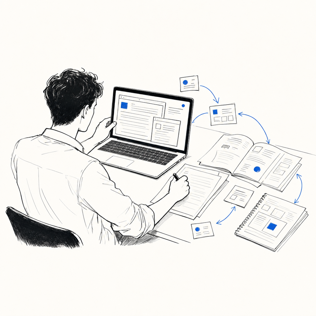 Persona seduta alla scrivania con laptop, documenti cartacei, libro aperto e frecce blu che collegano vari elementi di contenuto.