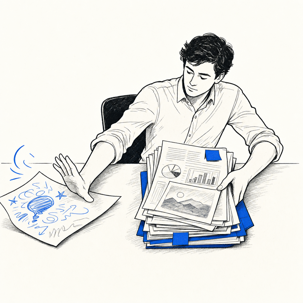 Uomo seduto alla scrivania che spinge via dei fogli con scarabocchi blu mentre tiene in mano documenti con grafici.