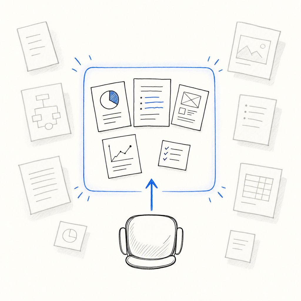 Una sedia davanti a un riquadro blu con cinque documenti selezionati, circondata da altri documenti sparsi.