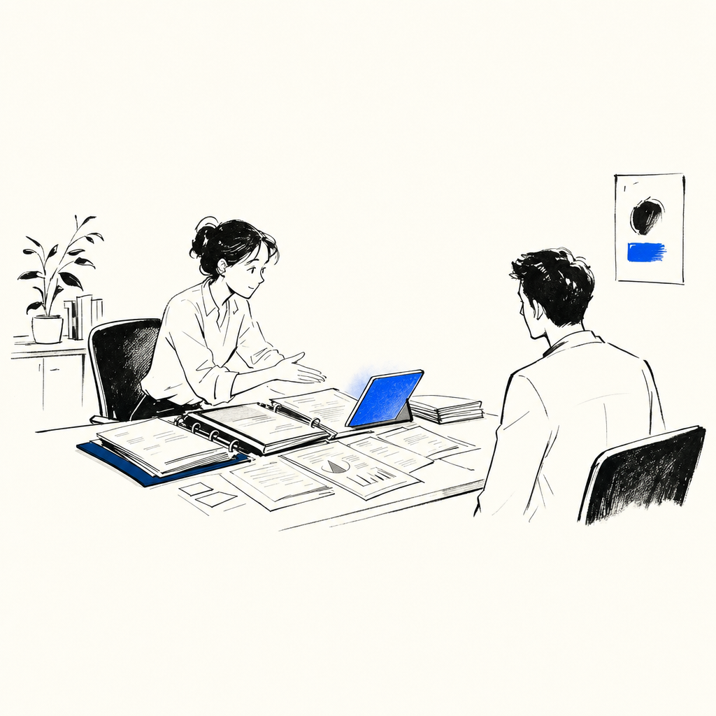 Due persone sedute a un tavolo con documenti, tablet blu, raccoglitori e una pianta sullo sfondo.
