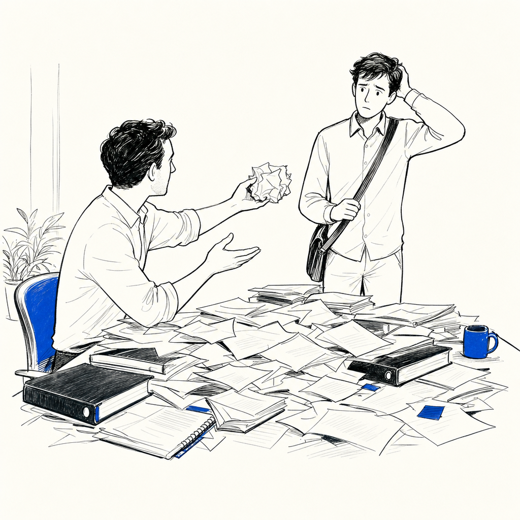 Man seated hands wrinkled paper to standing colleague next to a desk covered with scattered documents and books.