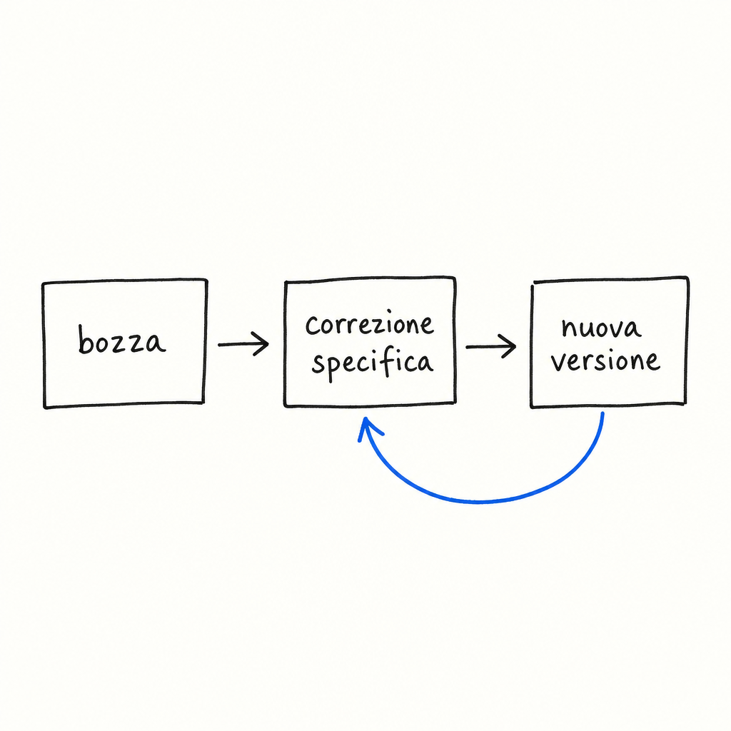 Diagramma di flusso con tre riquadri collegati da frecce: bozza, correzione specifica, nuova versione, con freccia blu di ritorno.