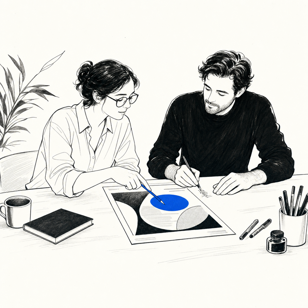 Due persone sedute a un tavolo disegnano e scrivono, con tazza, quaderno, pennarelli e boccetta d'inchiostro.