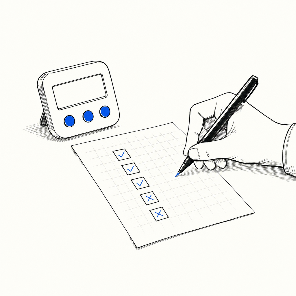 Una mano scrive su un foglio quadrettato con una lista di cinque caselle accanto a un timer digitale.