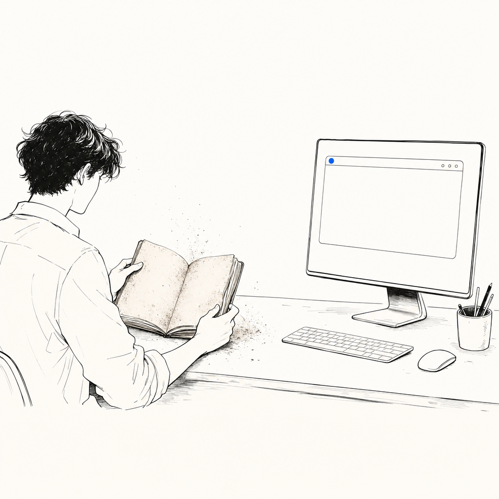 Persona dai capelli scuri legge un libro seduta a una scrivania con monitor, tastiera, mouse e portapenne.