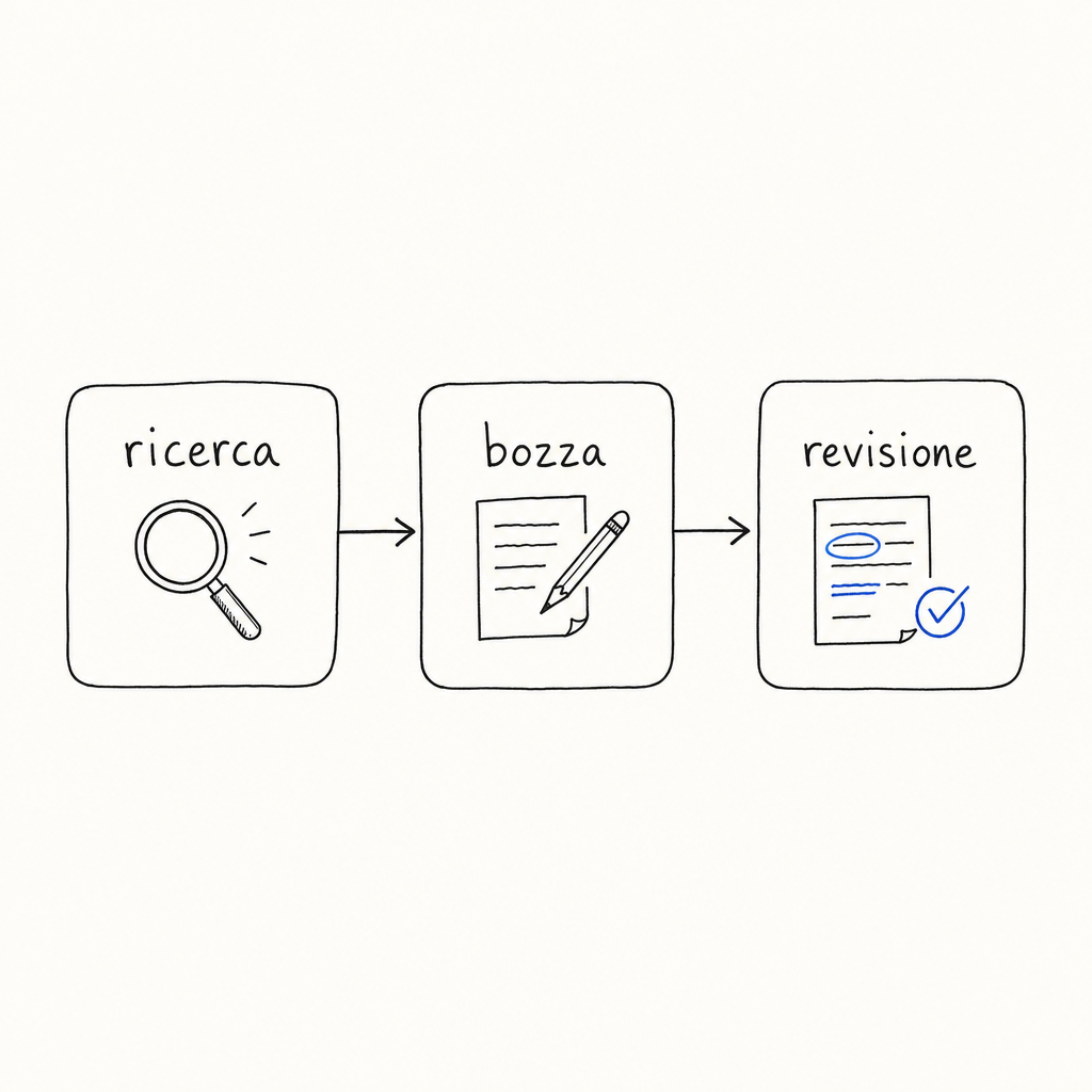 Tre riquadri con icone collegate da frecce: lente d’ingrandimento con “ricerca”, foglio e matita con “bozza”, documento con spunta blu e “revisione”.
