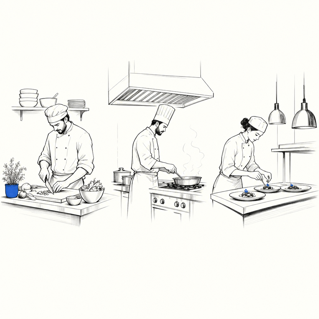 Tre chef in cucina professionale: uno prepara ingredienti, uno cucina ai fornelli, uno decora piatti.
