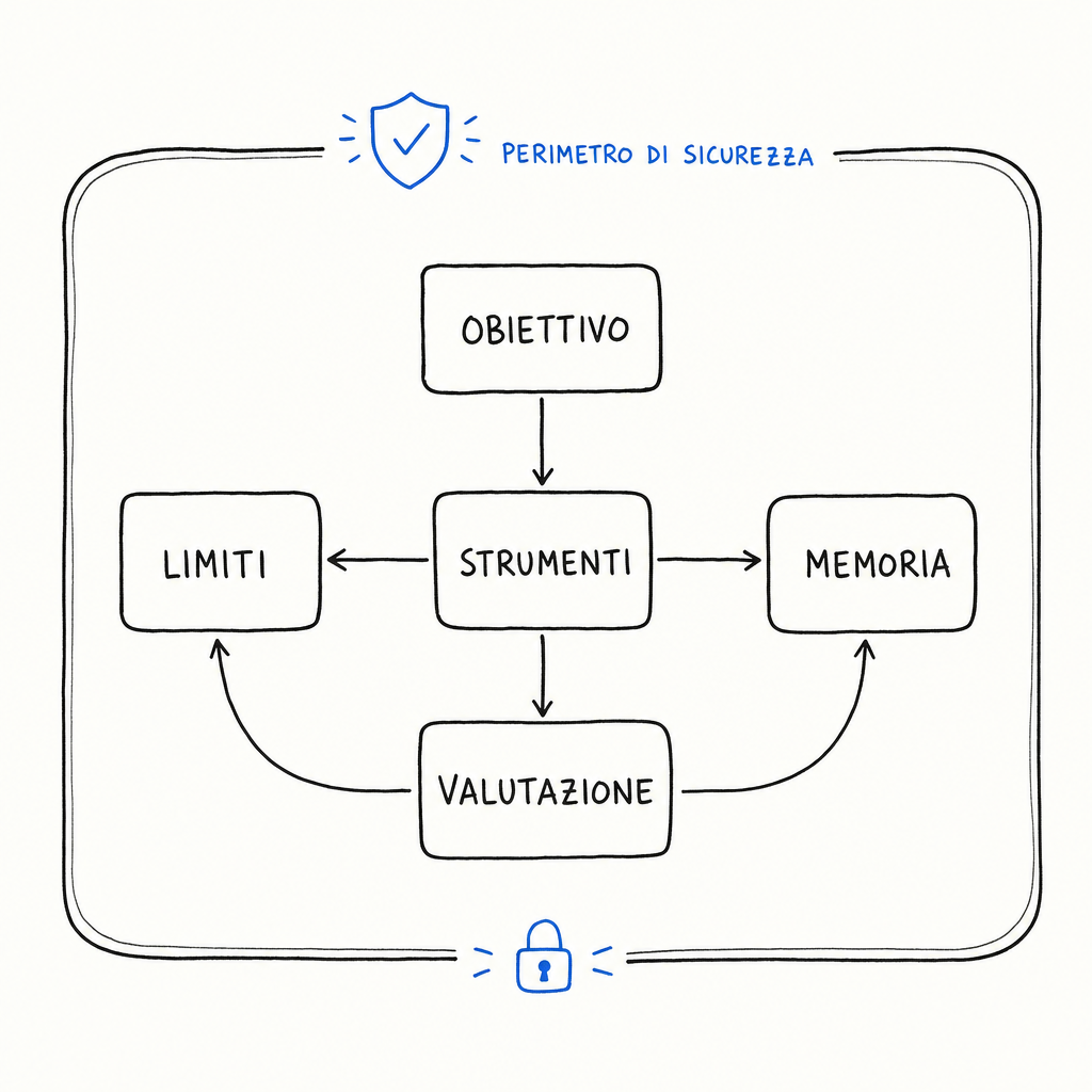 Diagramma di flusso con cinque caselle collegate da frecce: obiettivo, strumenti, limiti, memoria e valutazione, contornate da un perimetro di sicurezza.