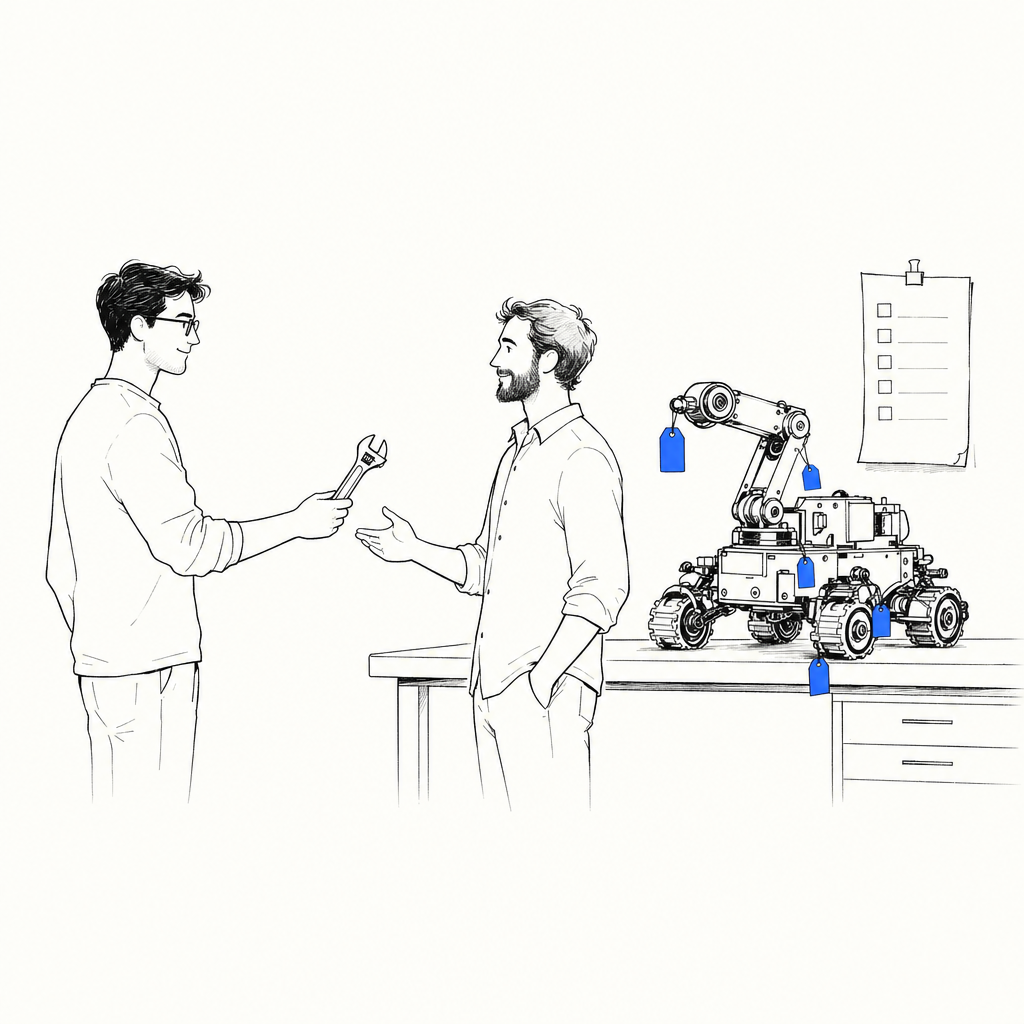 Due uomini conversano vicino a un banco di lavoro con un robot con dettagli blu e una lista appesa.