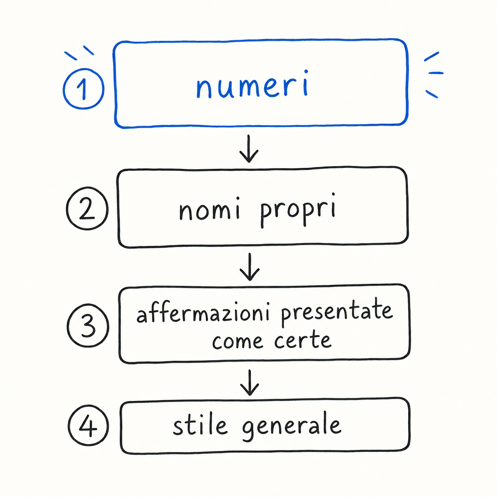 Diagramma di flusso con quattro caselle numerate collegate da frecce: numeri, nomi propri, affermazioni presentate come certe, stile generale.