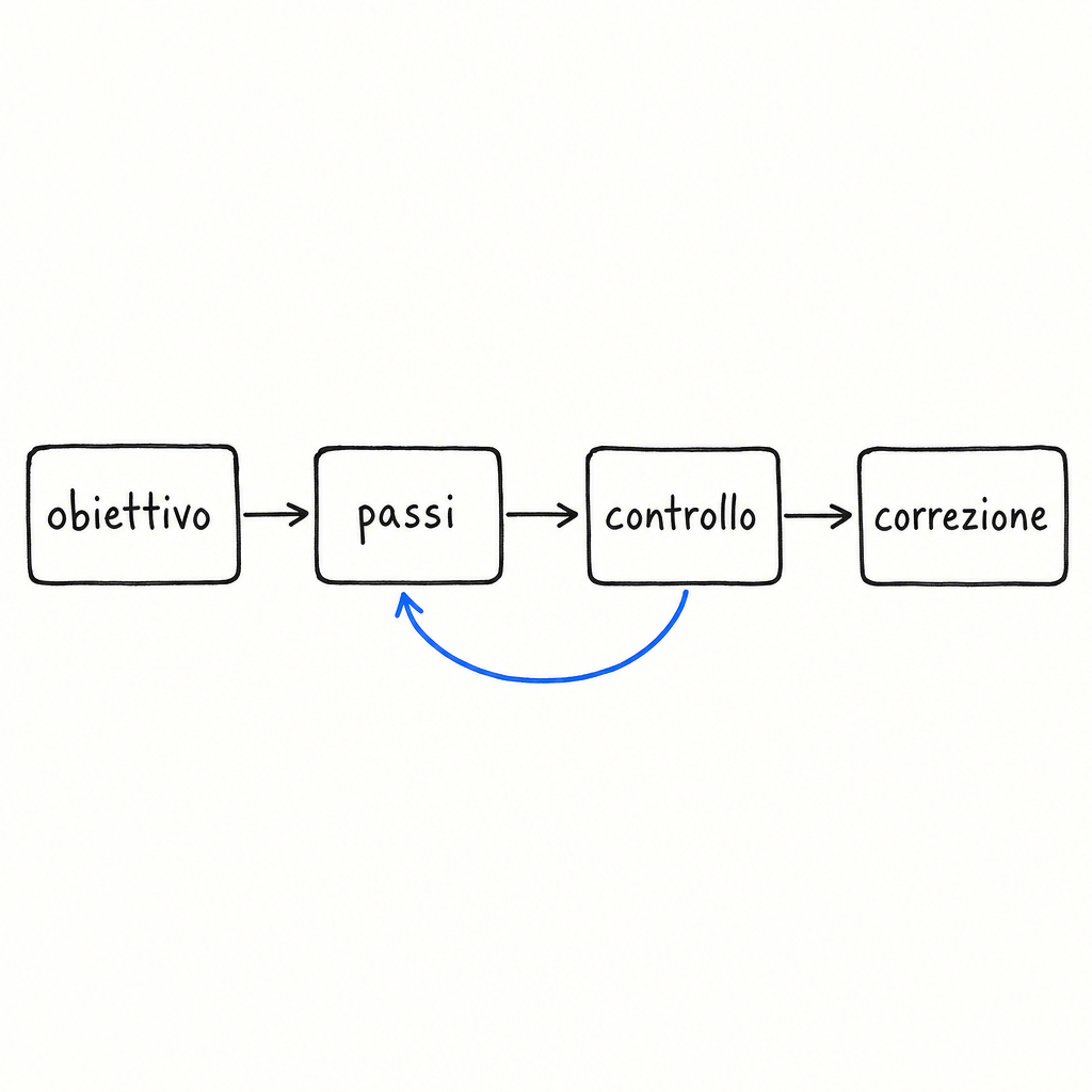 Diagramma di flusso con quattro riquadri etichettati obiettivo, passi, controllo, correzione, con freccia blu di retroazione.