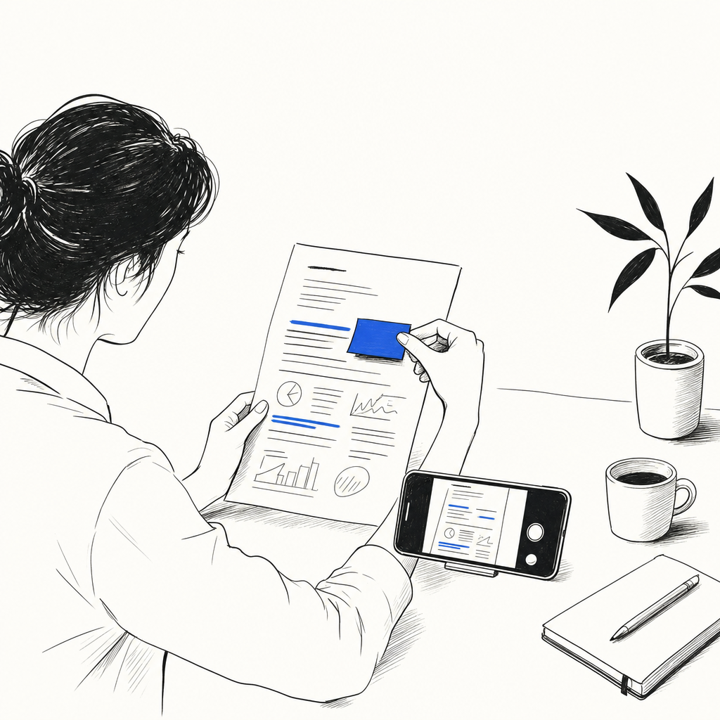 Donna seduta a una scrivania evidenzia documenti con un pennarello blu accanto a smartphone, tazza di caffè e piantina.
