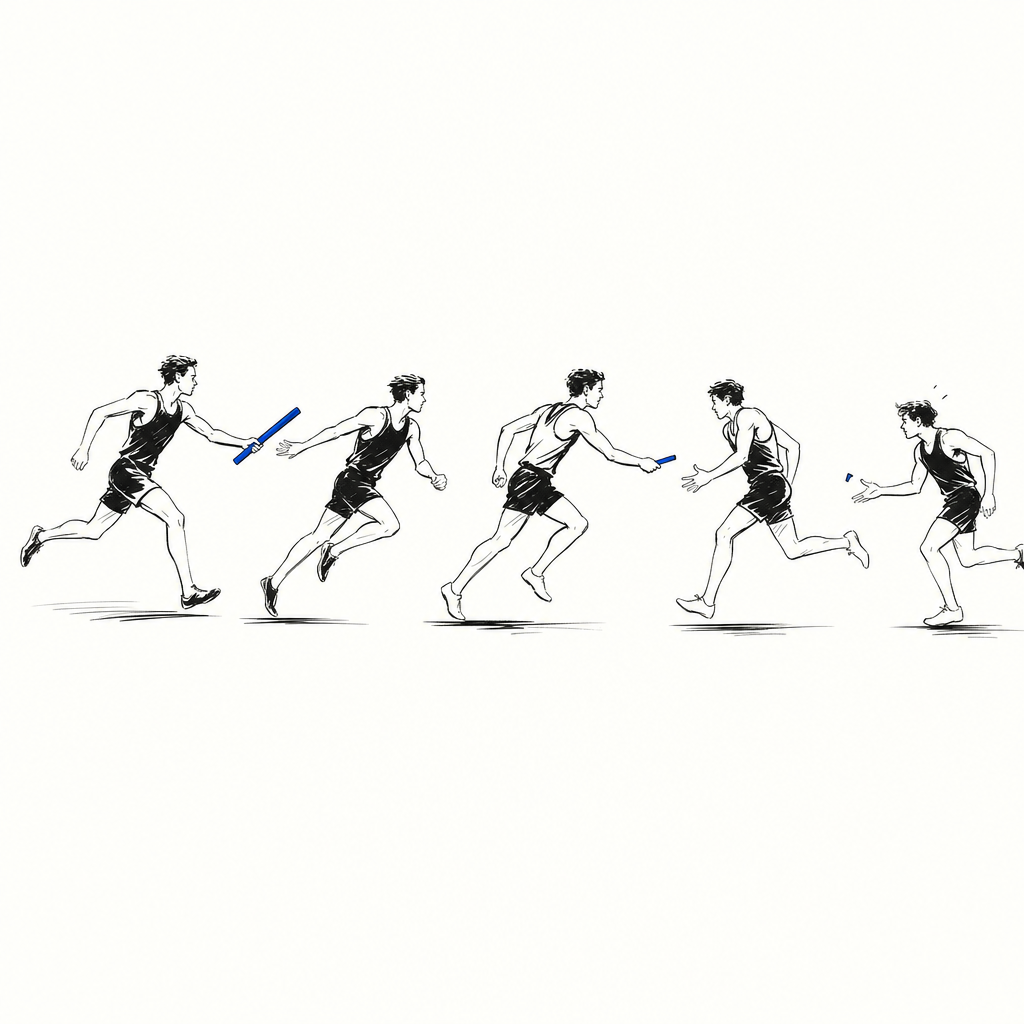 Cinque corridori in sequenza si passano un testimone blu durante una staffetta, disegnati in bianco e nero.