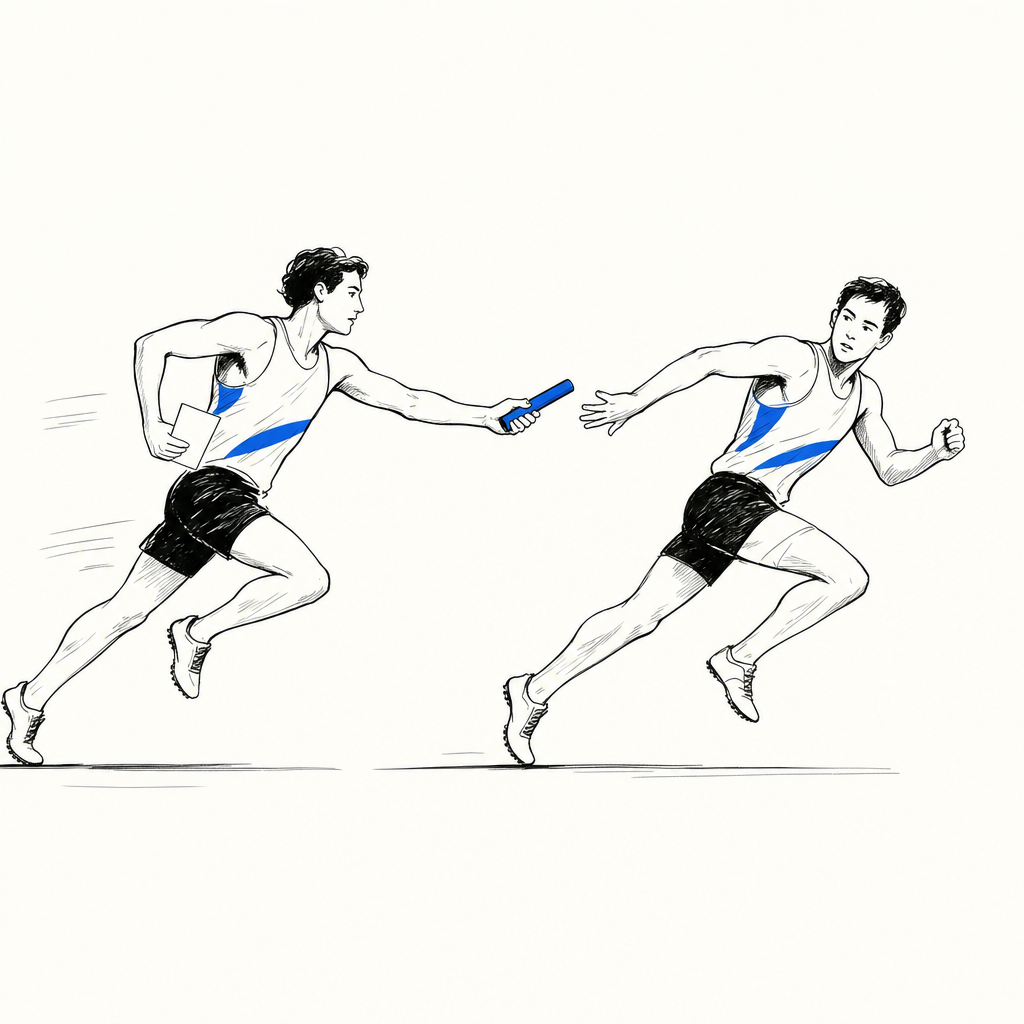Due corridori in staffetta che si passano un testimone blu durante una gara di atletica.