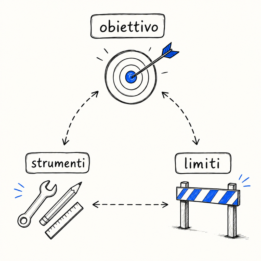Diagramma con bersaglio centrato da freccia in alto, chiave inglese e matita in basso a sinistra, barriera stradale in basso a destra.