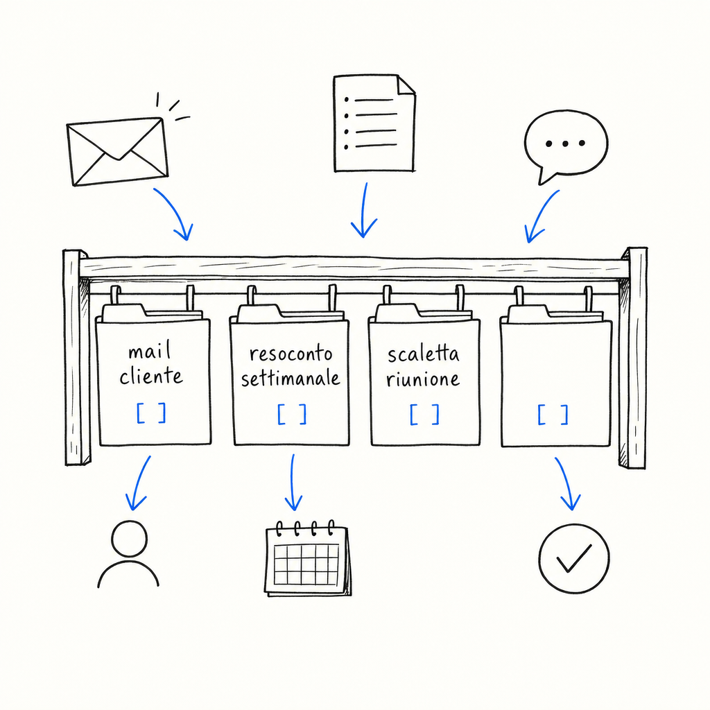 Schema con frecce blu che collegano icone di email, documento e chat a quattro cartelle sospese etichettate con diverse categorie.