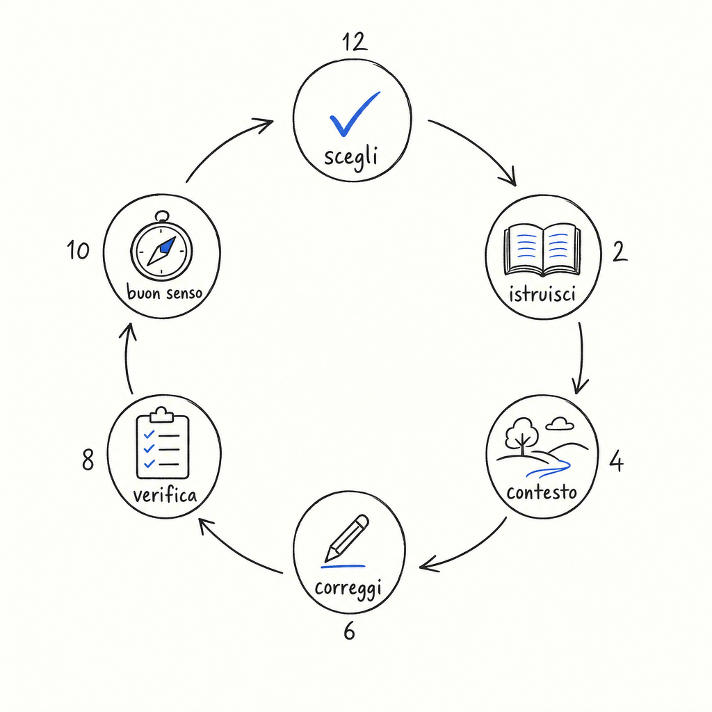 Diagramma circolare con sei fasi numerate: scegli, istruisci, contesto, correggi, verifica e buon senso, collegate da frecce.