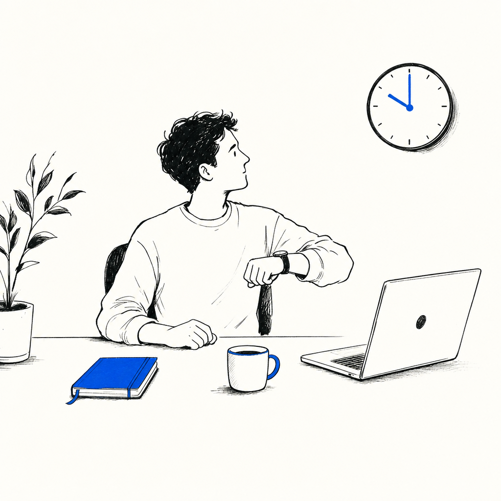 Persona seduta alla scrivania guarda l'orologio da polso, con laptop, tazza, quaderno blu e pianta.